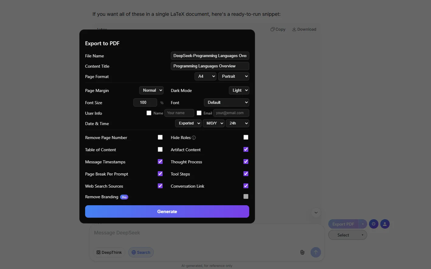 Extension Customize panel showing filename, page format, theme, font and ToC options