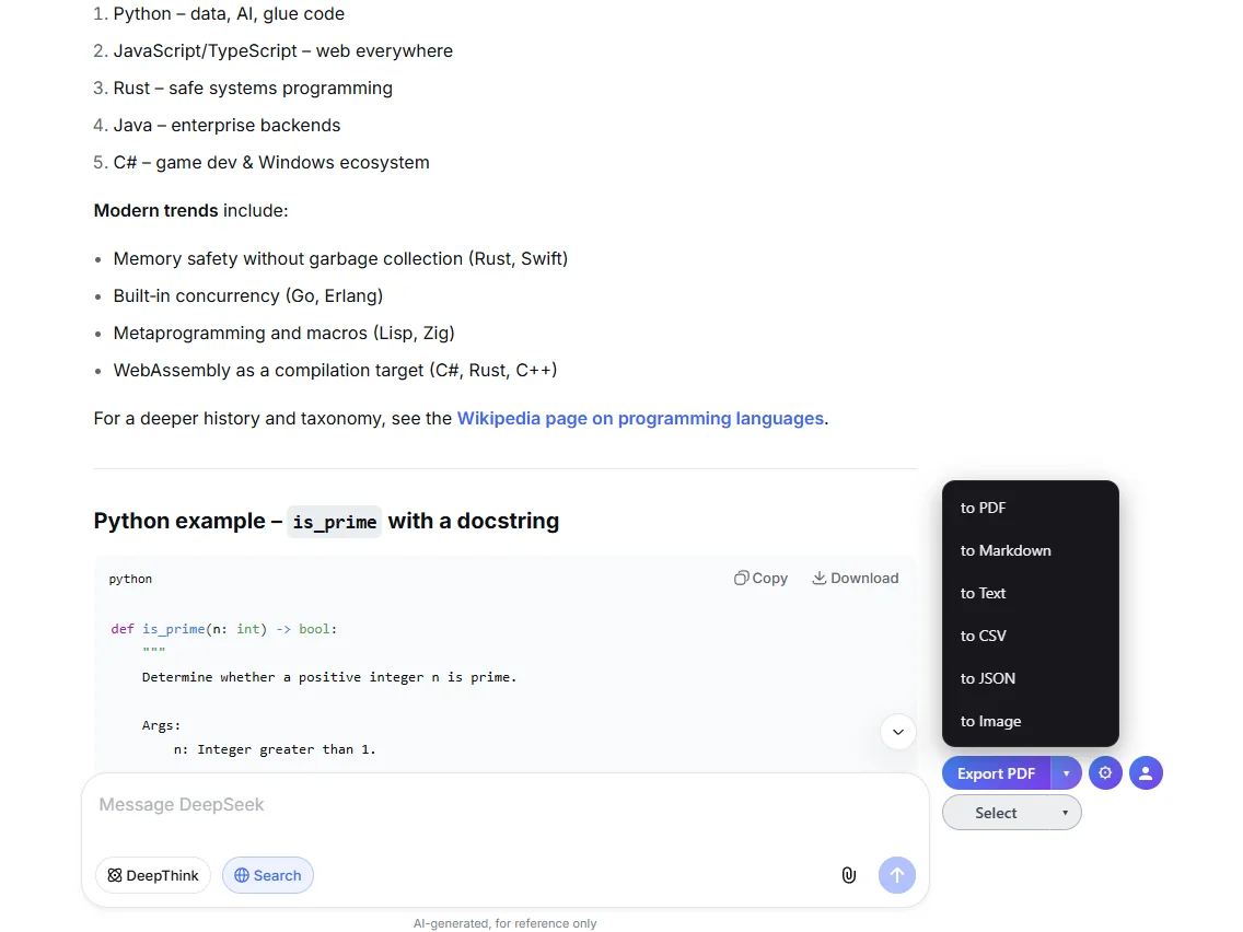 Format picker showing PDF, Markdown, Text, CSV, JSON and Image options
