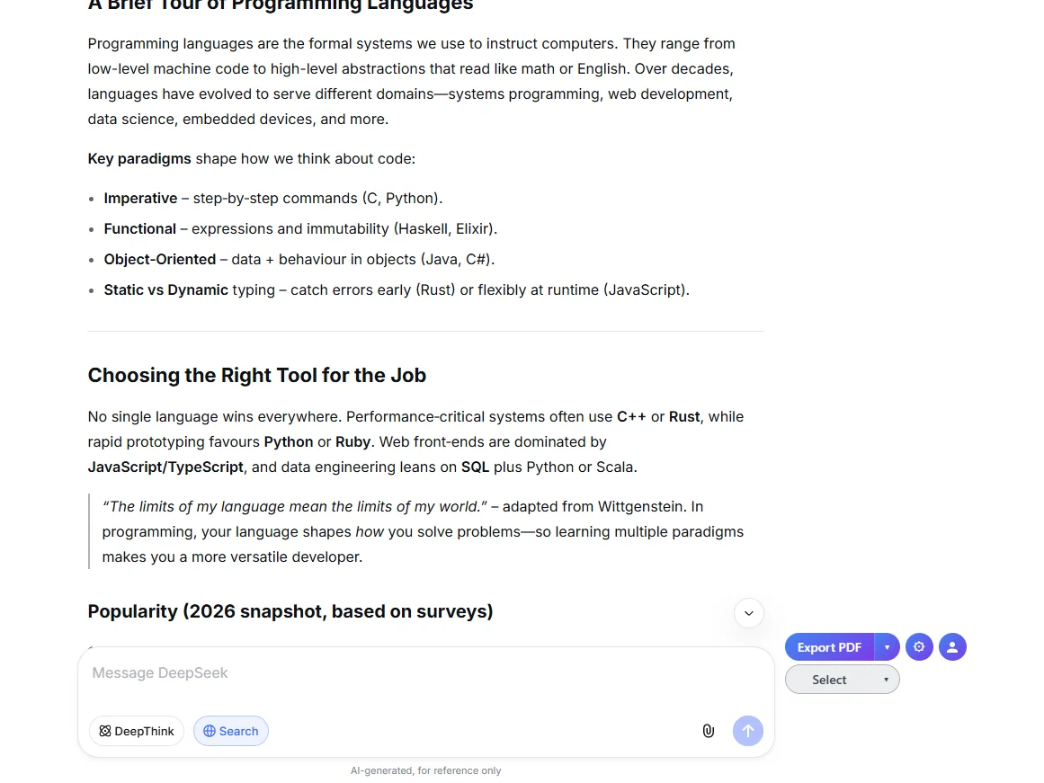 DeepSeek conversation with the extension's Select-mode active and Export PDF ready